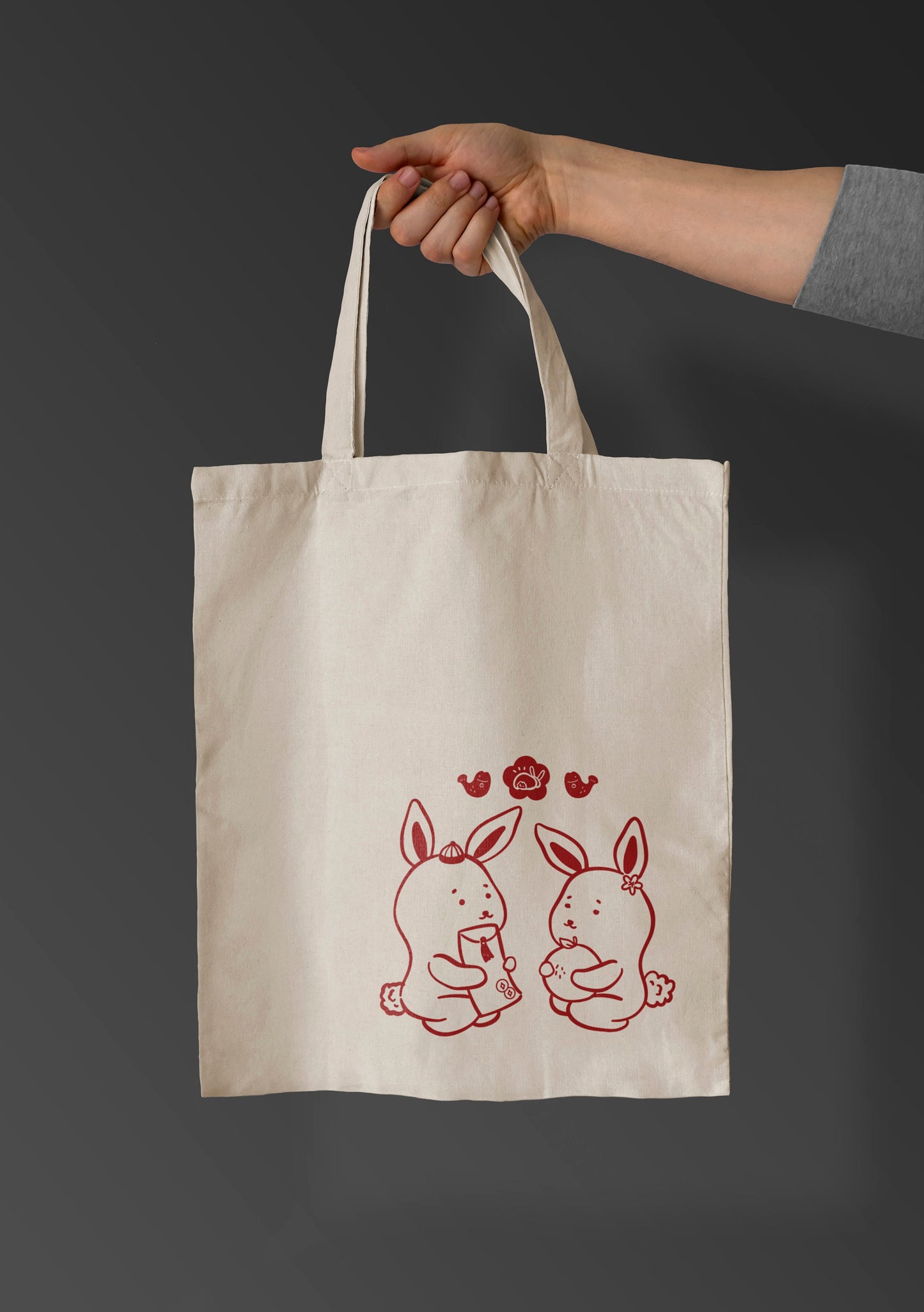 Handmade Lunar New Year Bags | Aesthetic Rabbit Totes | Cute New Year Tote Bag | Gift For Chinese New Year | Canvas Bags for Holiday Gifts