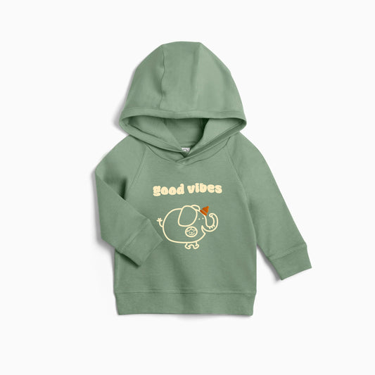 Organic Cotton Good Vibes Elephant Hooded Tops | Cute Animal Long Sleeve Hooded Tops | Toddler Elephant Long Sleeve Hooded Tops